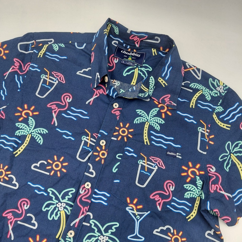 Chubbies Mens L Neon Tropical Flamingo Palm Tree Short Sleeve Button Down Fun